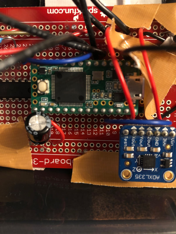 Close up view of the teensyduino and accelerometer